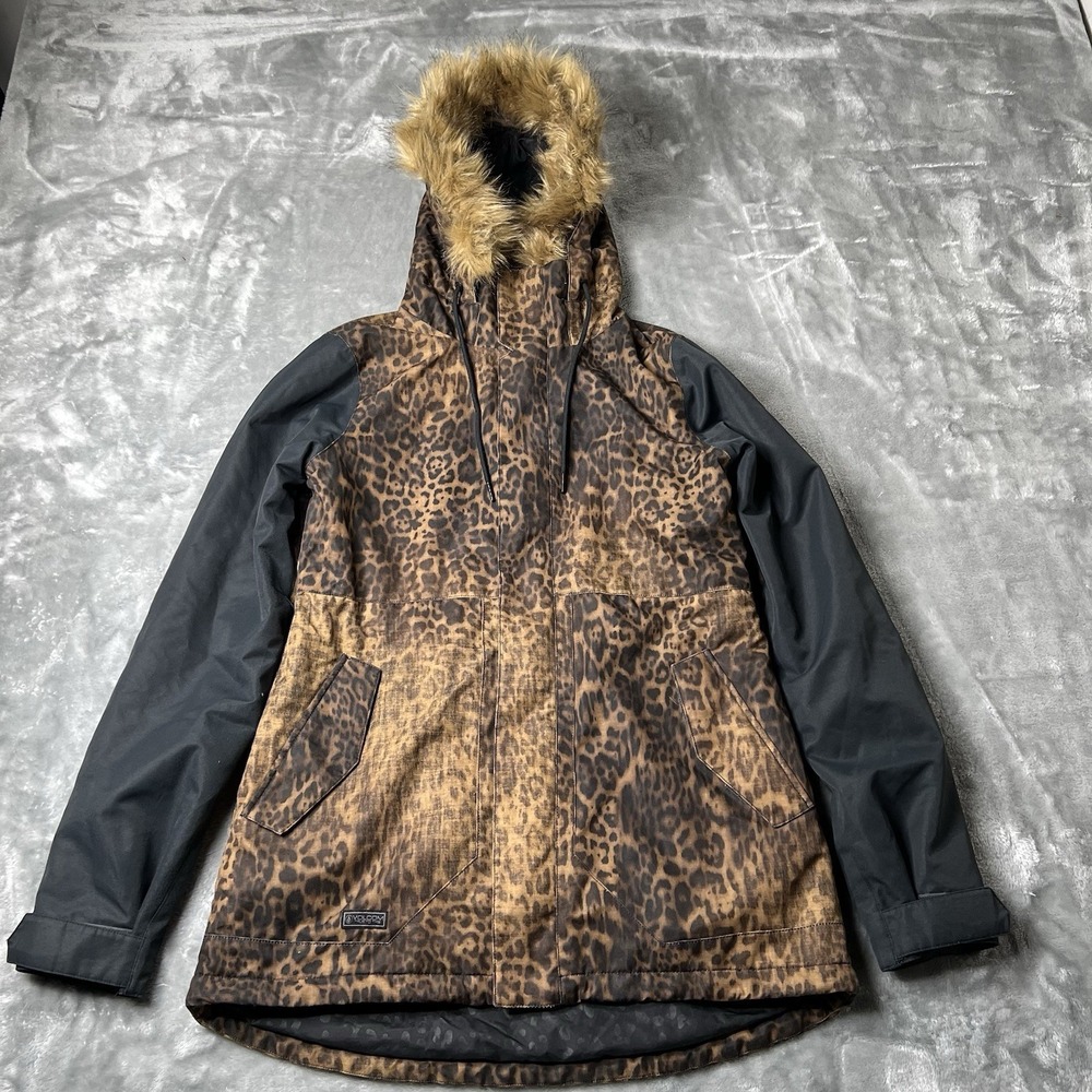 Volcom Jacket Women Size Medium Black Combo/Leopard Print Snow Winter Insulated